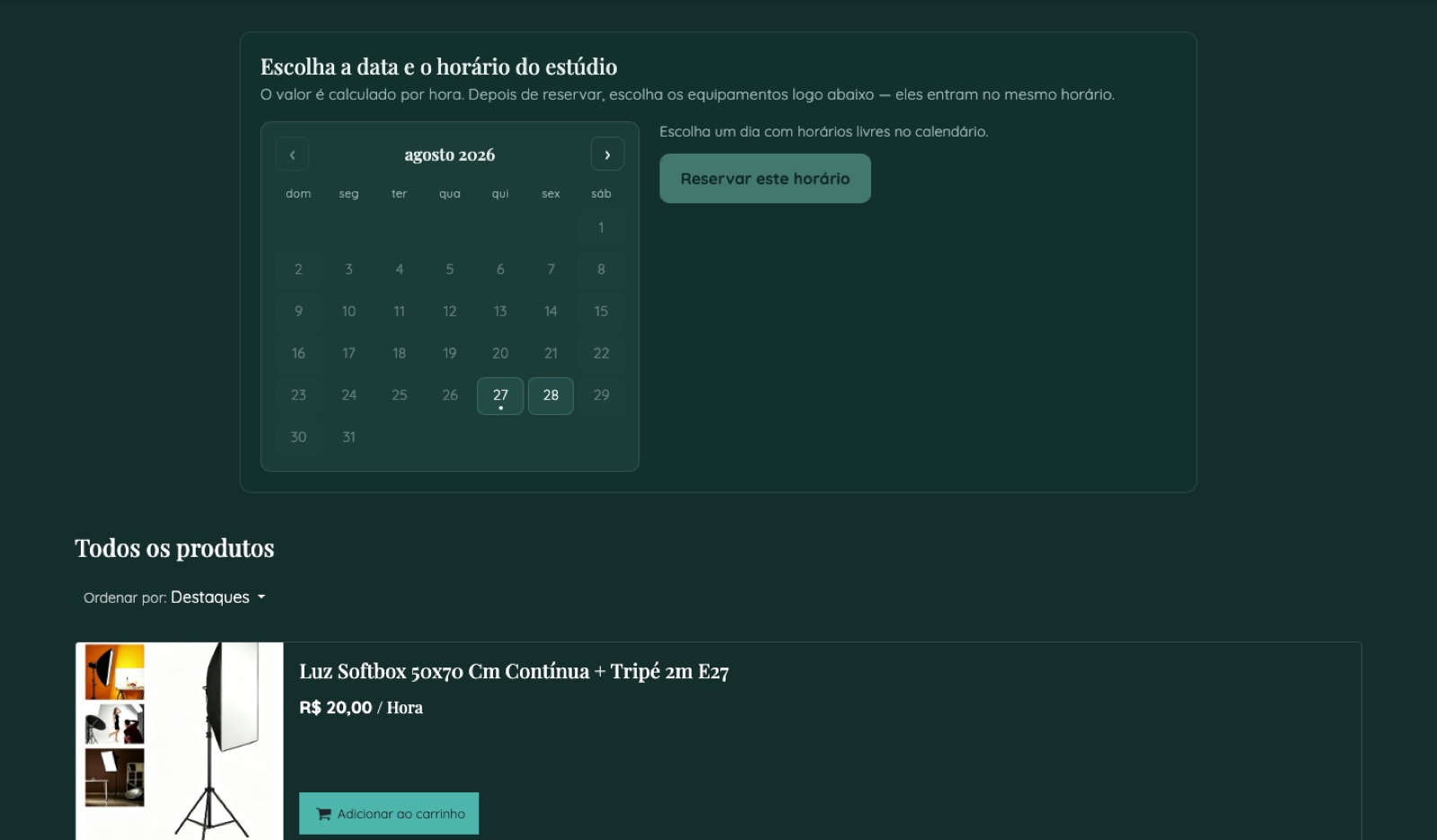 Calendário com horários livres